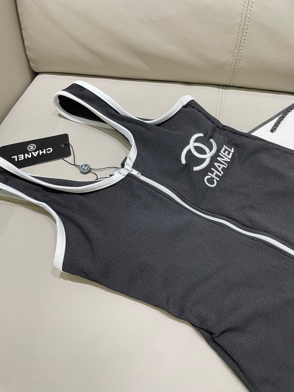 CHANEL BIKINI SWIMSUIT SET IN BLACK AND  WHITE TRIM 604255