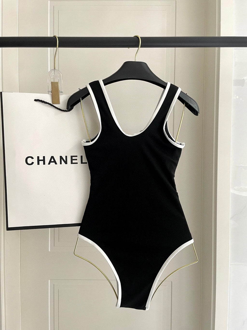 CHANEL BIKINI SWIMSUIT SET IN BLACK AND  WHITE TRIM 604255