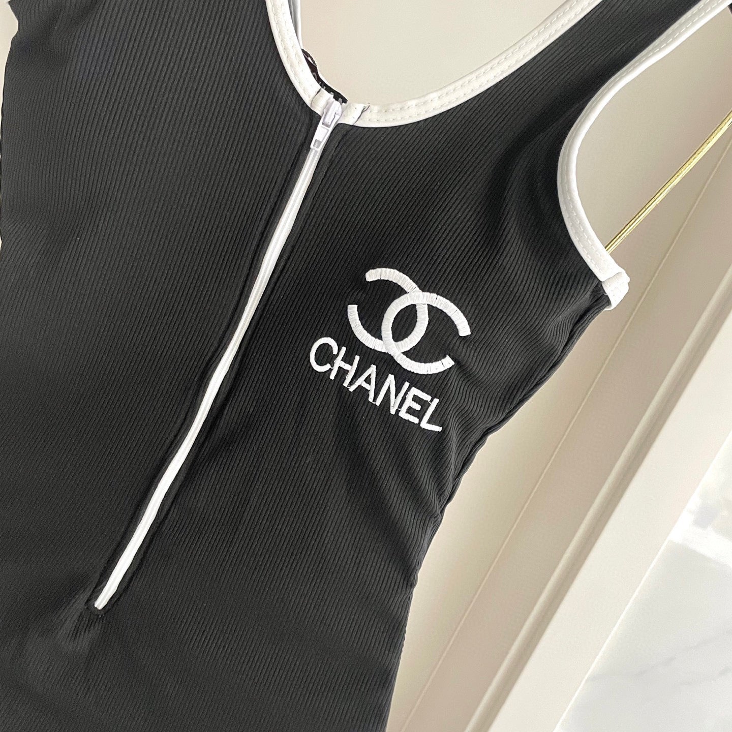 CHANEL BIKINI SWIMSUIT SET IN BLACK AND  WHITE TRIM 604255