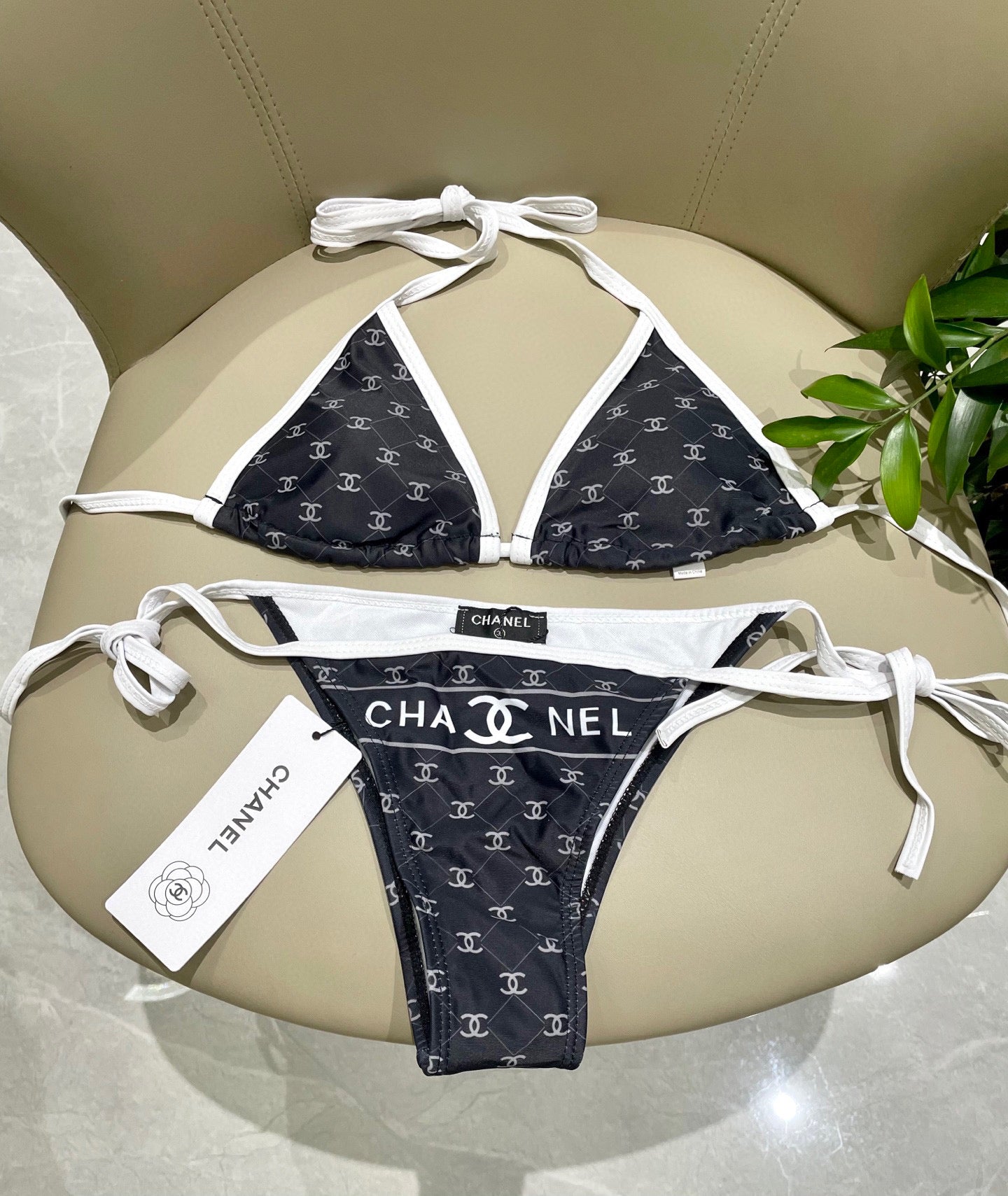 CHANEL BIKINI SWIMSUIT SET IN BLACK AND WHITE TRIM WHITE LOGO PRINTED 608921