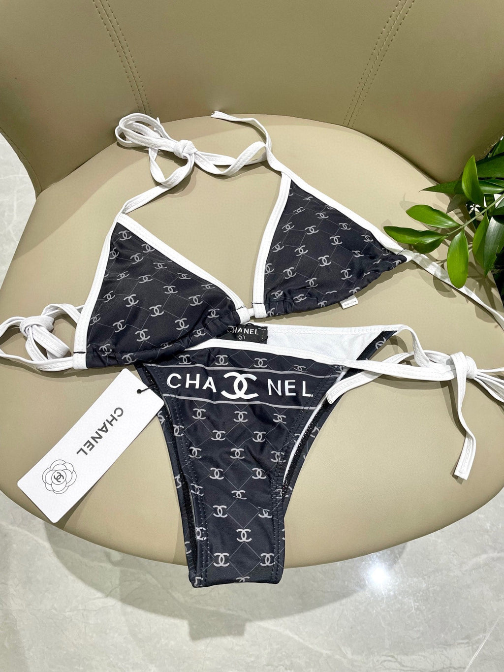 CHANEL BIKINI SWIMSUIT SET IN BLACK AND WHITE TRIM WHITE LOGO PRINTED 608921