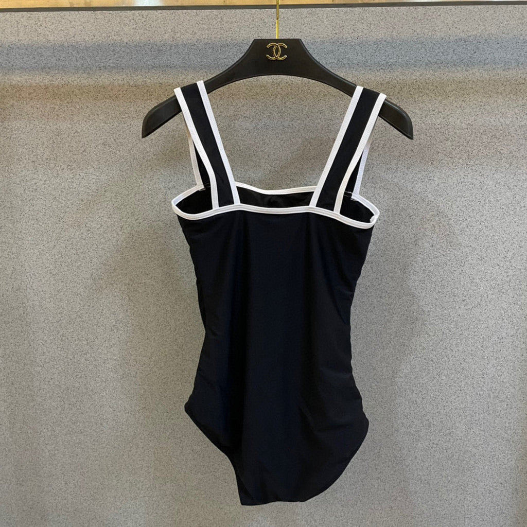 CHANEL BIKINI SWIMSUIT SET IN BLACK AND WHITE TRIM WHITE WAIST TIE DETAIL 613721