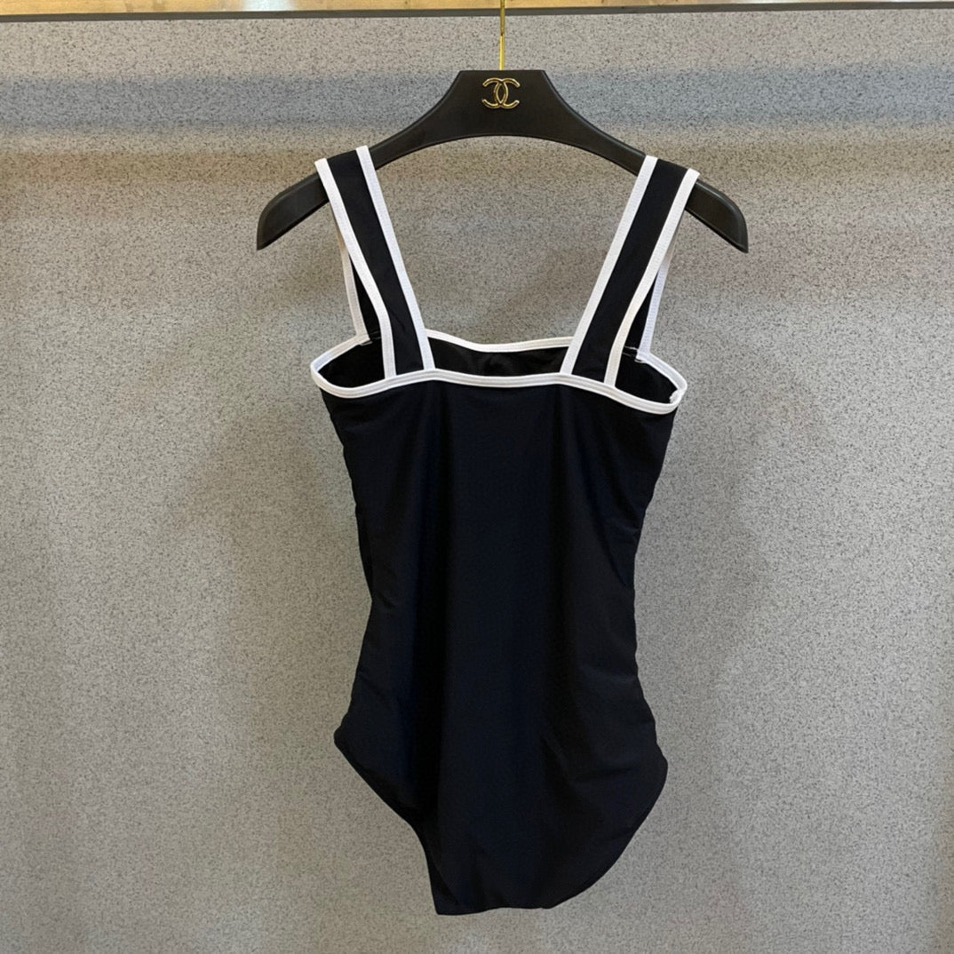 CHANEL BIKINI SWIMSUIT SET IN BLACK AND WHITE TRIM WHITE WAIST TIE DETAIL 613721