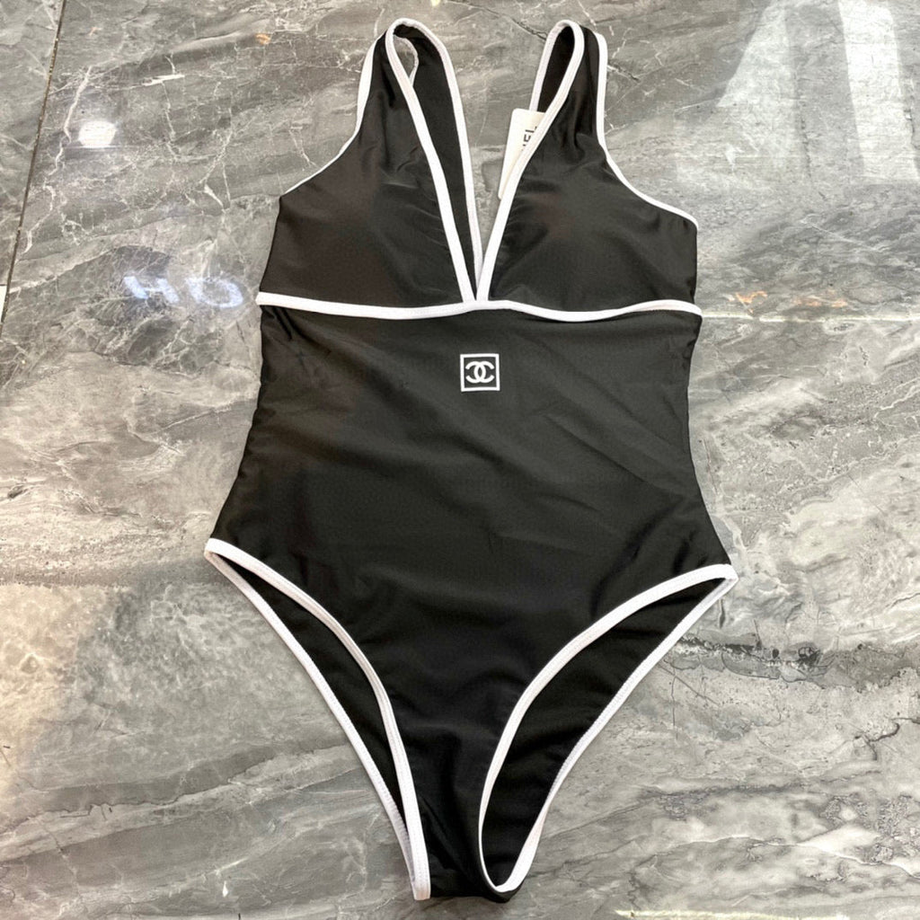 CHANEL BIKINI SWIMSUIT SET IN BLACK AND WHITE TRIM 613725
