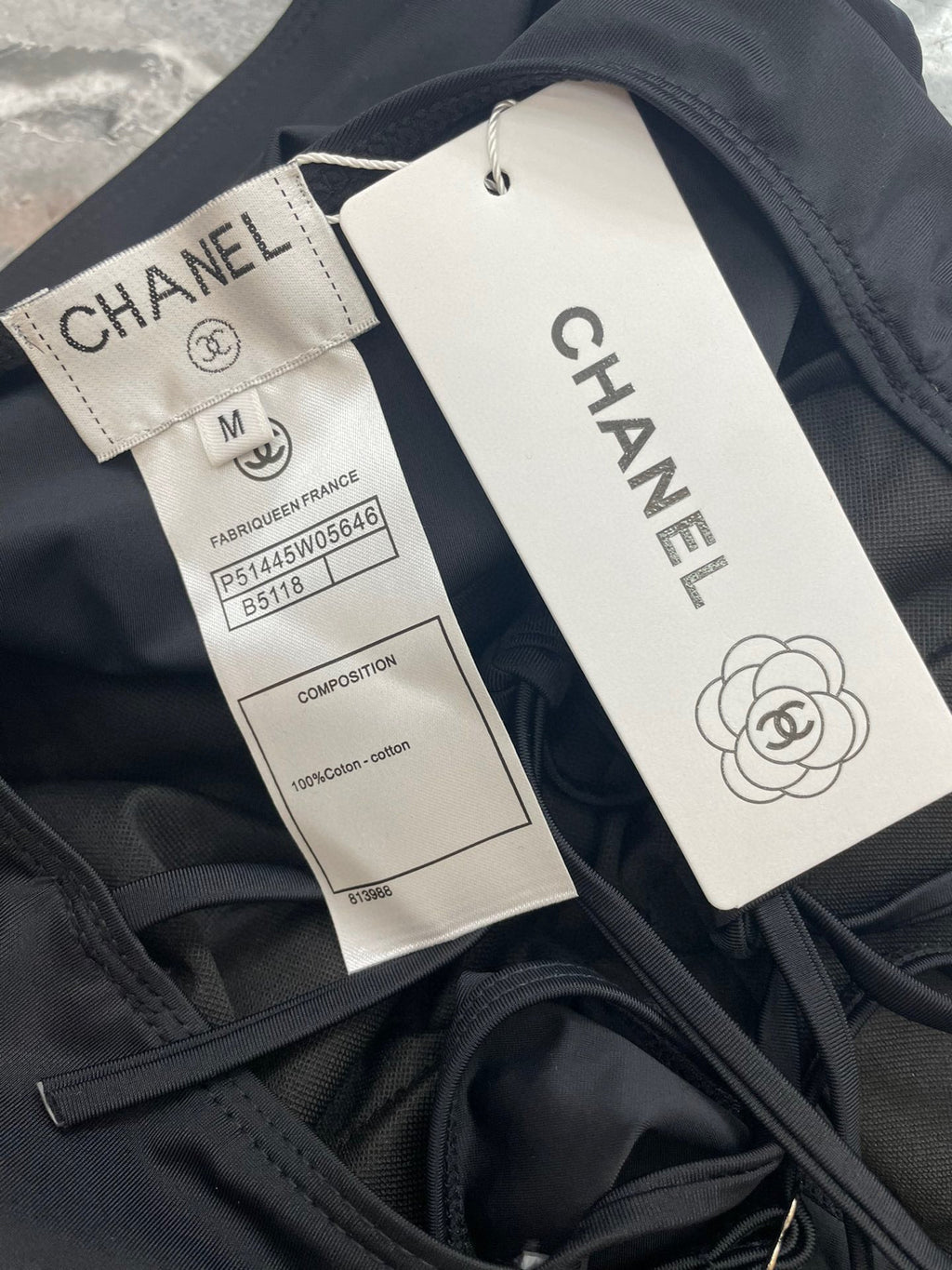 CHANEL BIKINI SWIMSUIT SET IN BLACK ATTACHED WITH GOLD METAL LOGO 615196