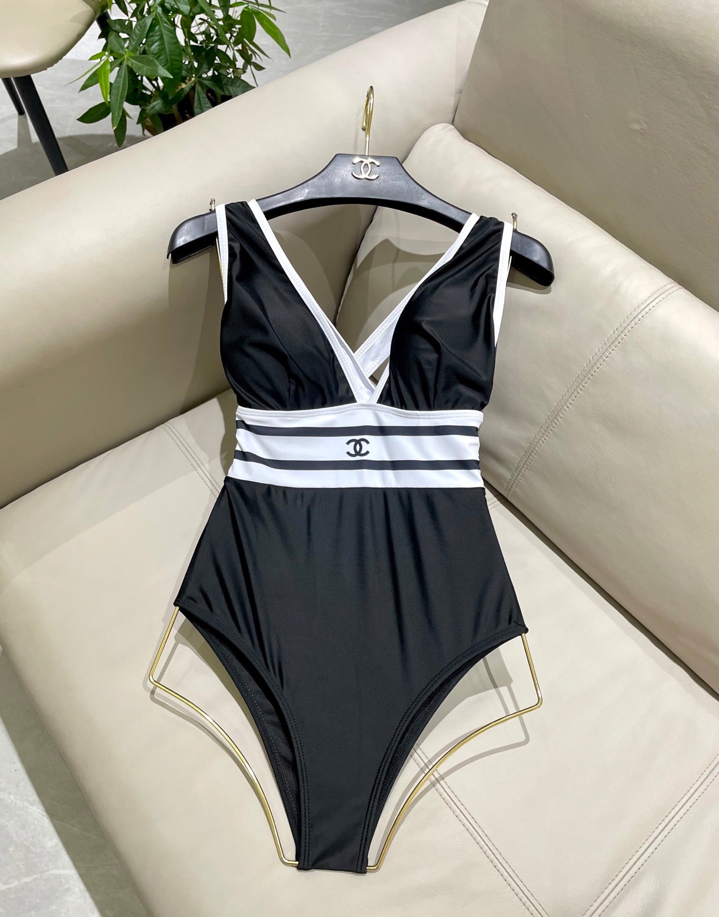 CHANEL BIKINI SWIMSUIT SET BLACK WHITE 173343