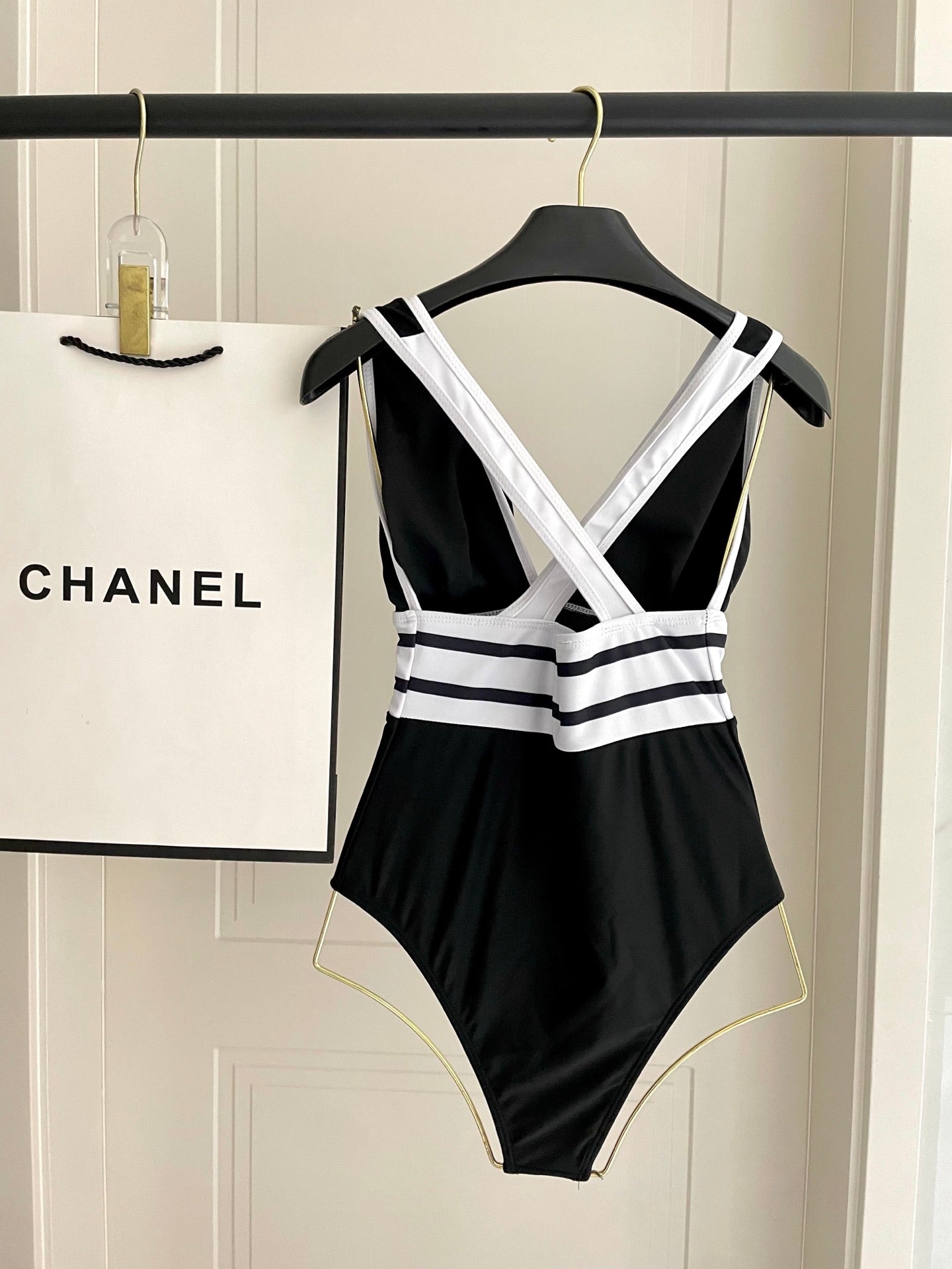 CHANEL BIKINI SWIMSUIT SET BLACK WHITE 173343