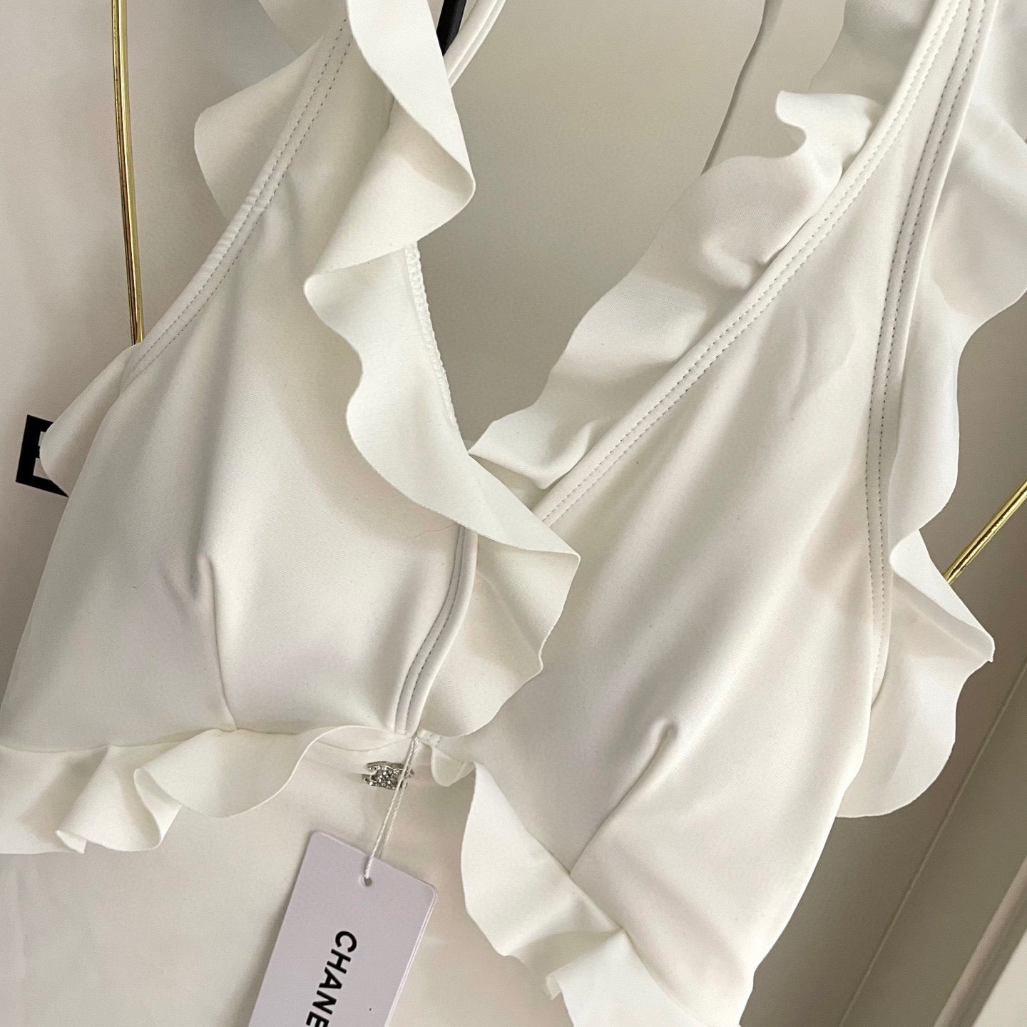 CHANEL BIKINI SWIMSUIT SET WHITE AND RUFFLED TRIM 622179