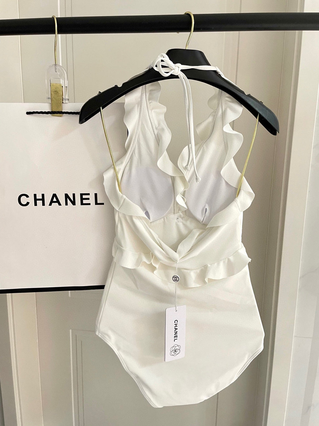 CHANEL BIKINI SWIMSUIT SET WHITE AND RUFFLED TRIM 622179