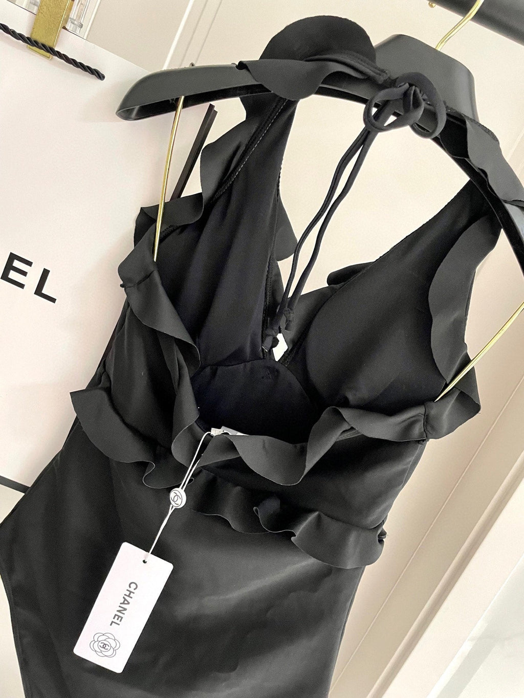 CHANEL BIKINI SWIMSUIT SET BLACK AND RUFFLED TRIM 622180