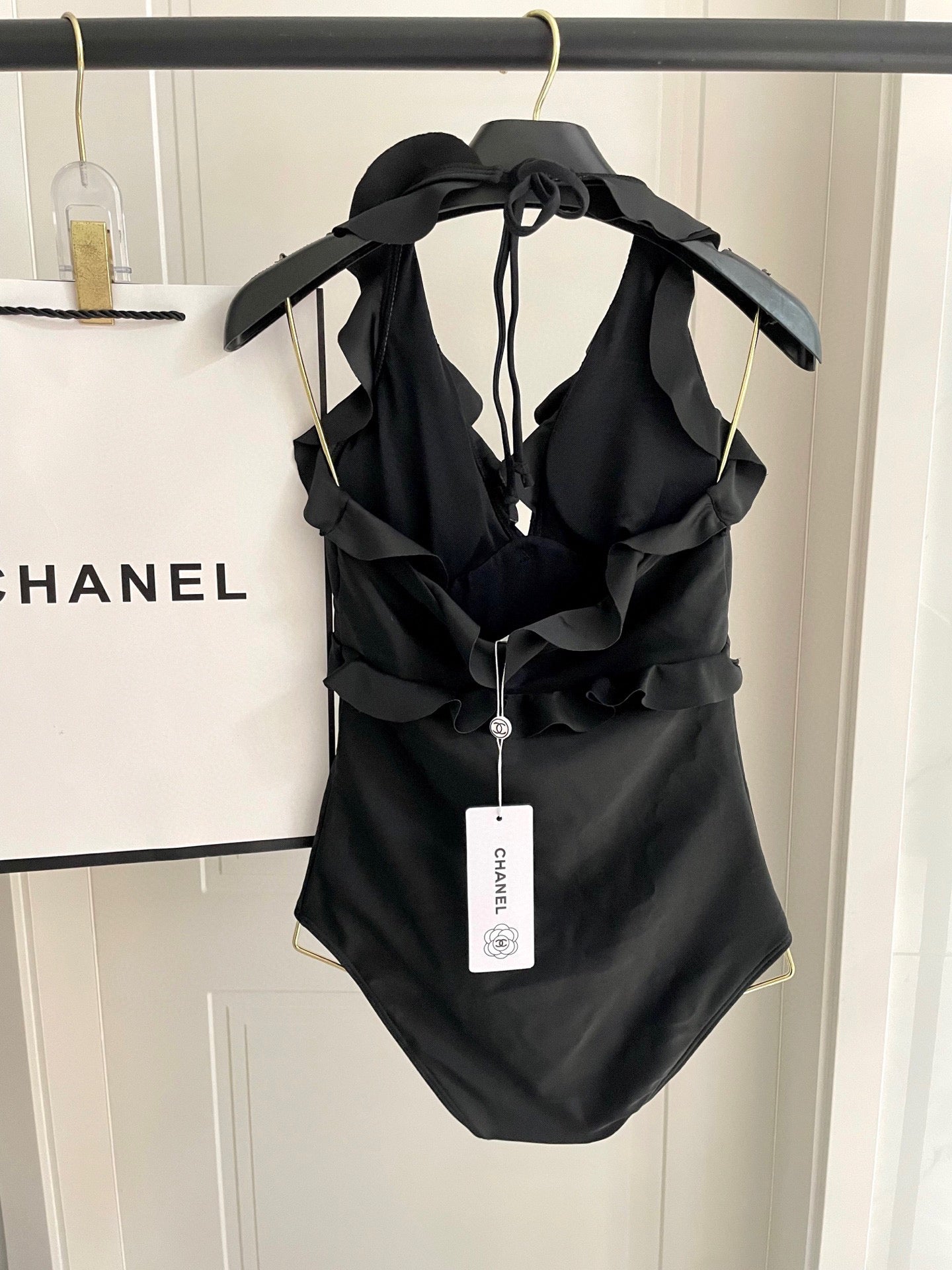 CHANEL BIKINI SWIMSUIT SET BLACK AND RUFFLED TRIM 622180