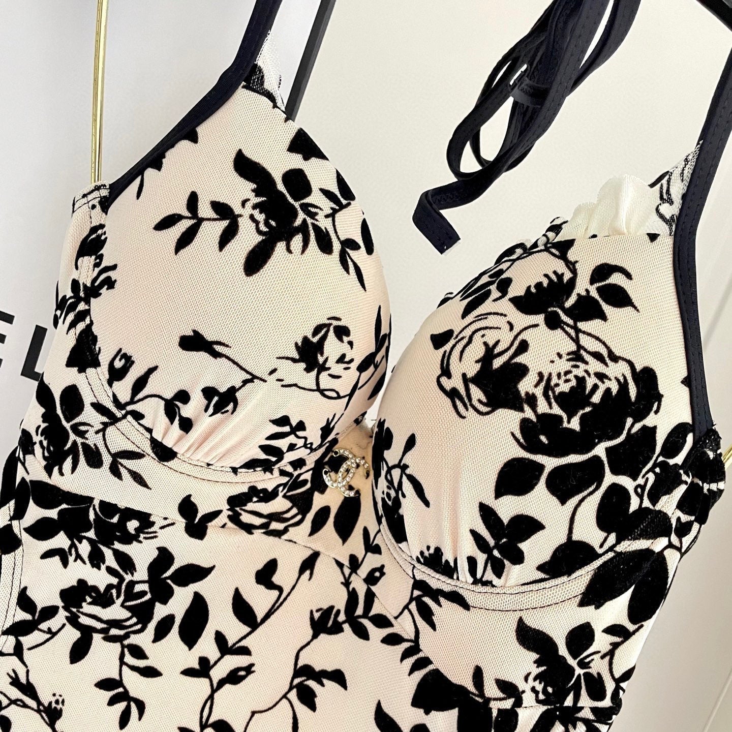 CHANEL BIKINI SWIMSUIT SET IN IVORY MESH WITH BLACK VELVET FLORAL EMBROIDERY 622181