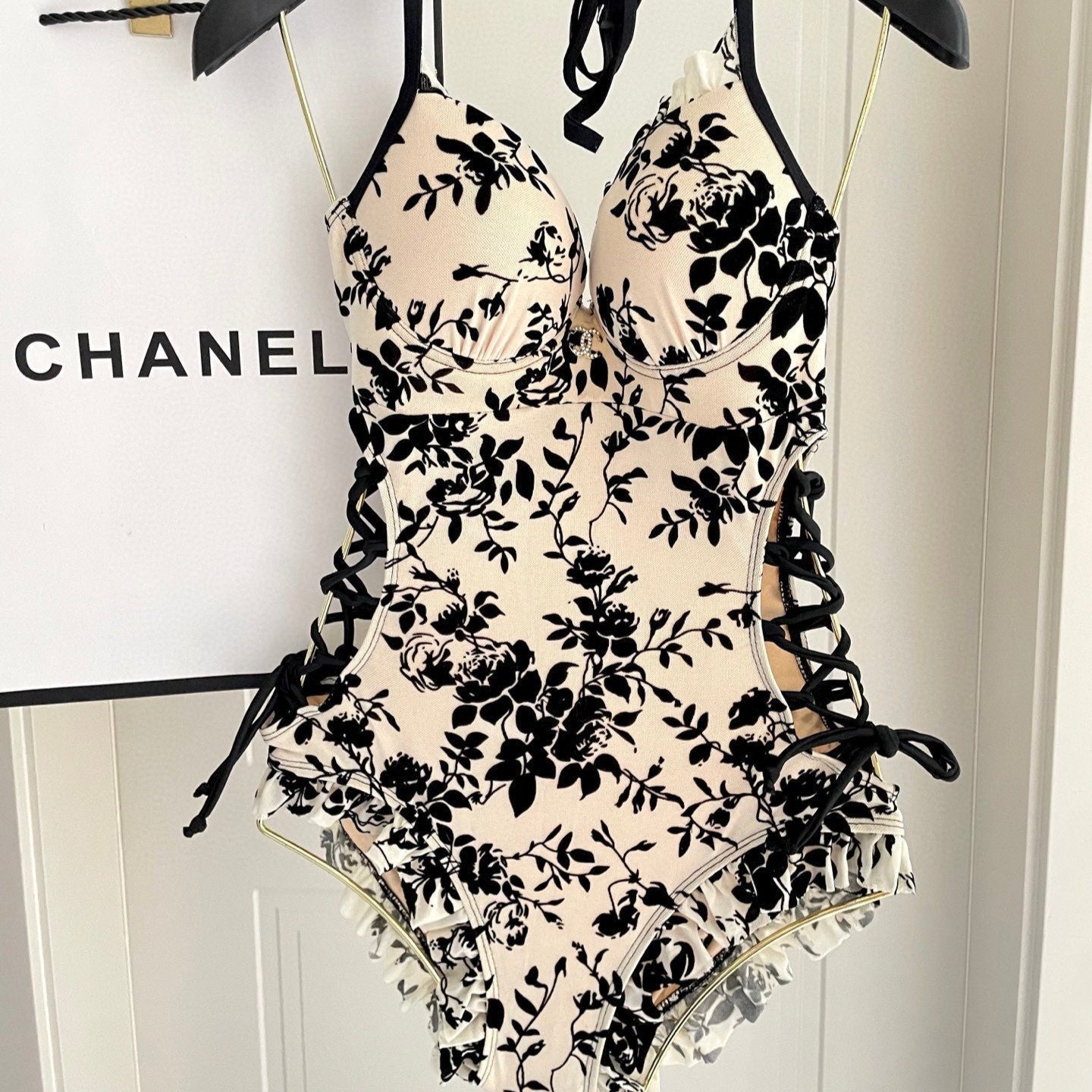 CHANEL BIKINI SWIMSUIT SET IN IVORY MESH WITH BLACK VELVET FLORAL EMBROIDERY 622181