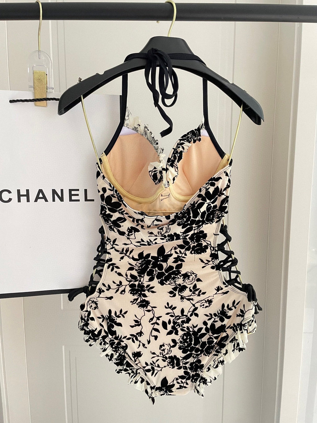 CHANEL BIKINI SWIMSUIT SET IN IVORY MESH WITH BLACK VELVET FLORAL EMBROIDERY 622181