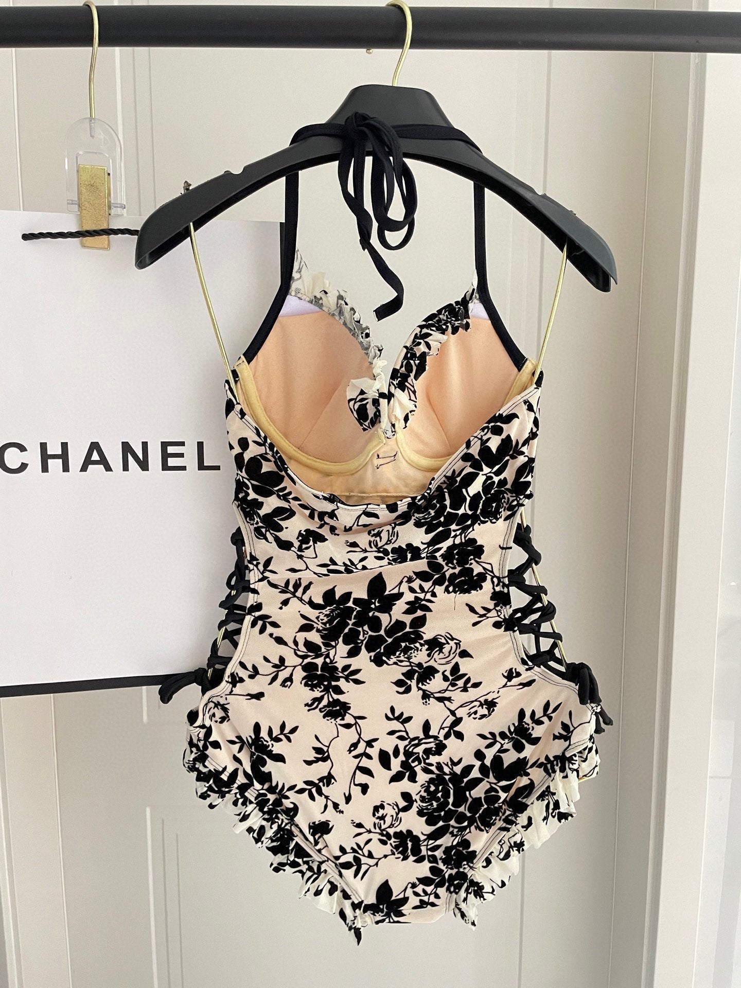 CHANEL BIKINI SWIMSUIT SET IN IVORY MESH WITH BLACK VELVET FLORAL EMBROIDERY 622181