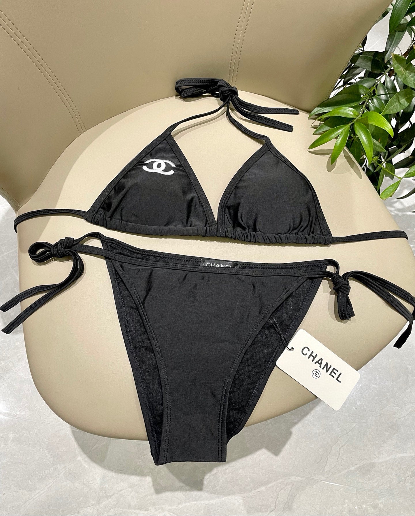 CHANEL BIKINI SWIMSUIT SET IN BLACK EMBROIDERED LOGO 624564