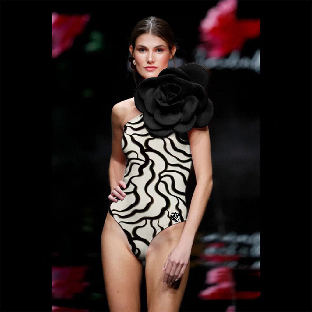 CHANEL ONE-PIECE SWIMSUIT WITH FLORAL PATTERN IN BLACK AND WHITE 627827