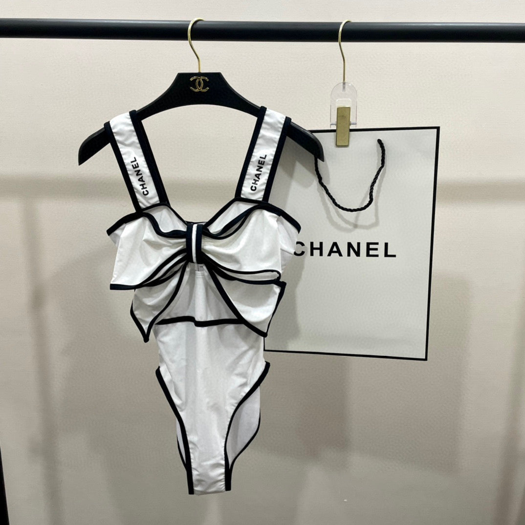 CHANEL BODYSUIT SWIMSUIT IN WHITE AND BLACK TRIM 627828