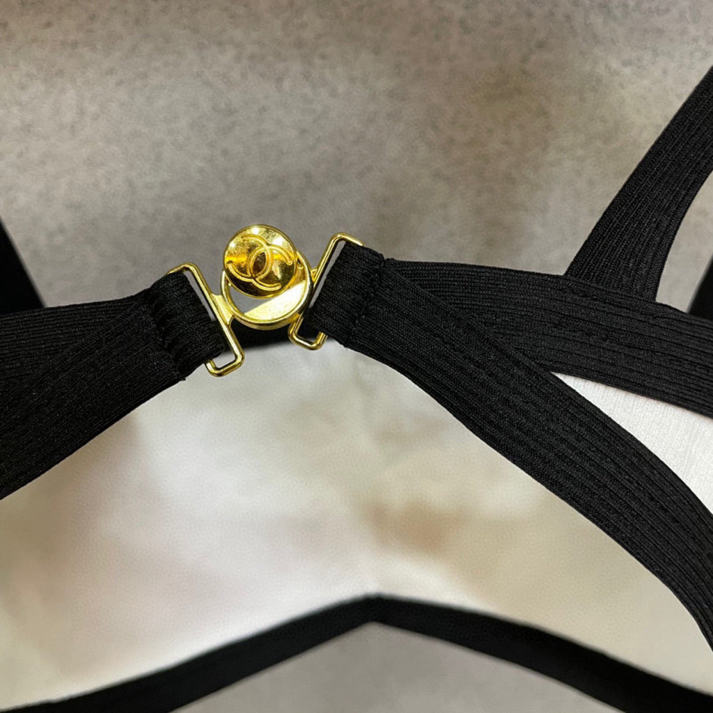 CHANEL HIGH NECK SWIMSUIT IN WHITE AND BLACK TRIM 627830