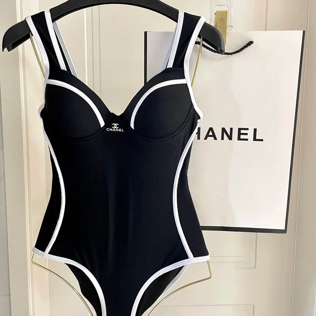 CHANEL SWIMSUIT BODYSUIT IN BLACK AND WHITE STRIPED 627831