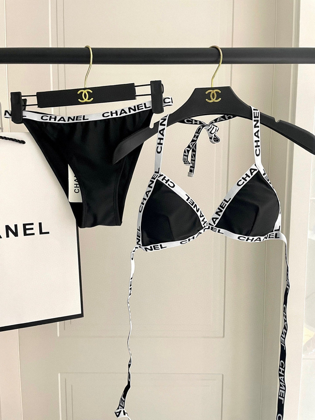 CHANEL BIKINI SWIMSUIT SET IN BLACK WITH WHITE TRIM 627832