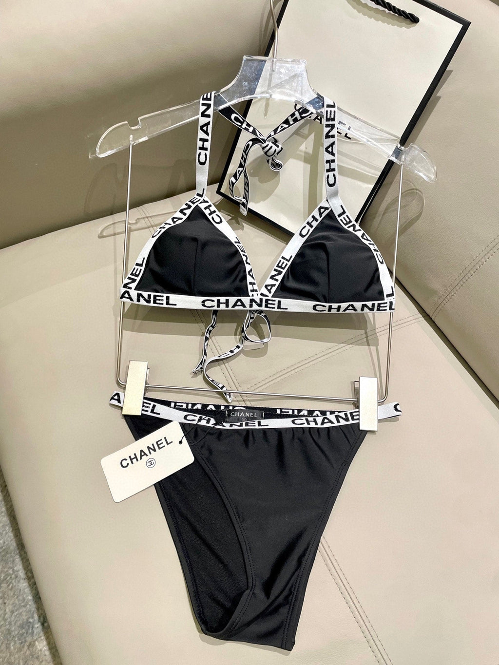 CHANEL BIKINI SWIMSUIT SET IN BLACK WITH WHITE TRIM 627832