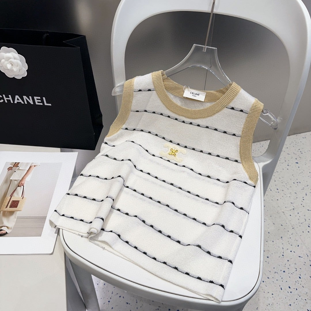 CELINE STRIPED TANK TOP 615178 IN WHITE COTTON RIBBED BEIGE TRIM