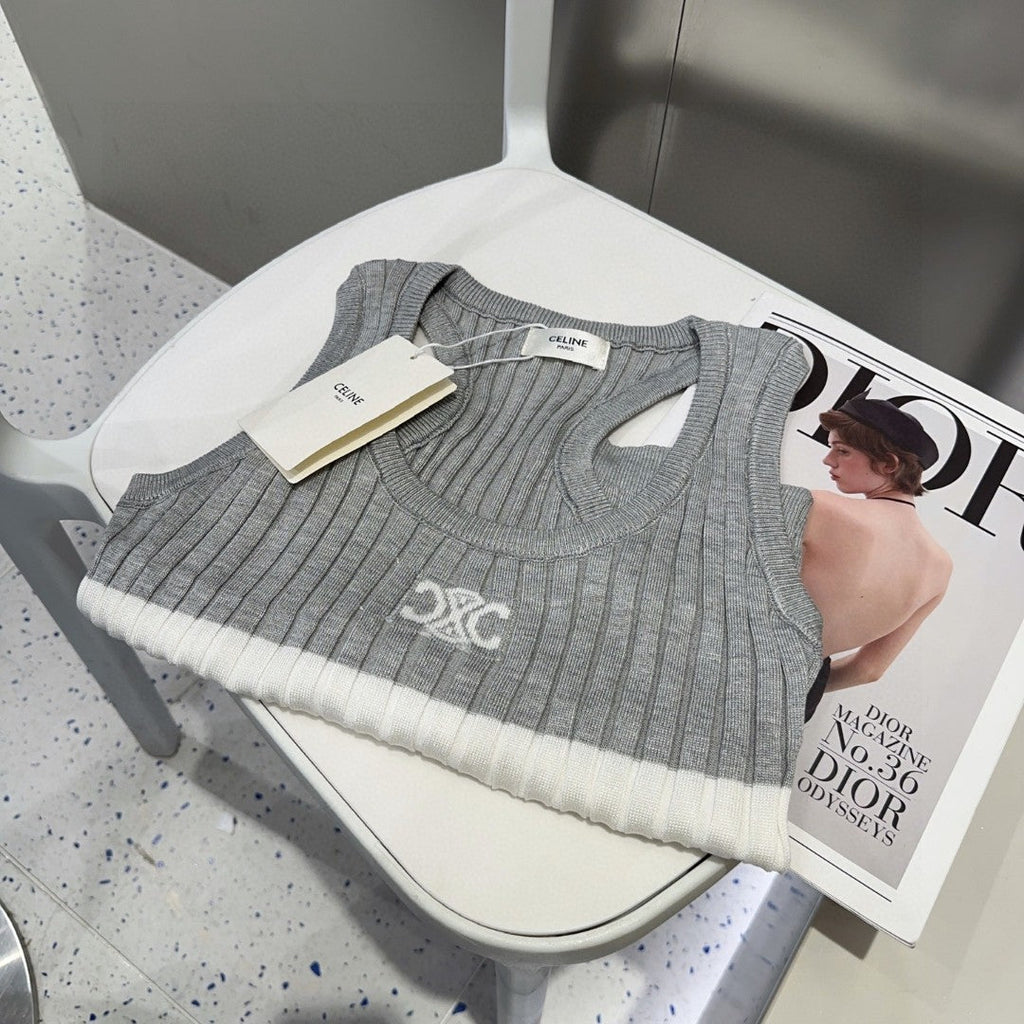 CELINE STRIPED TANK TOP 625958 IN GRAY AND WHITE COTTON RIBBED