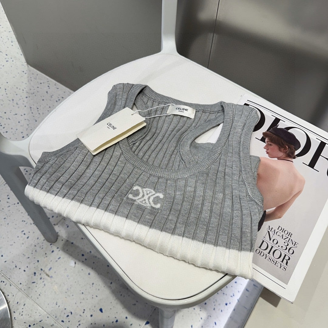 CELINE STRIPED TANK TOP 625958 IN GRAY AND WHITE COTTON RIBBED