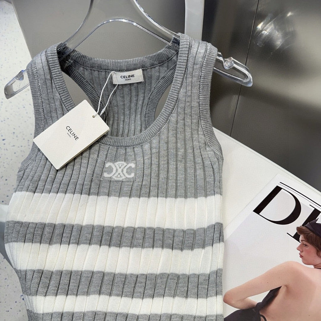 CELINE STRIPED TANK TOP 625958 IN GRAY AND WHITE COTTON RIBBED