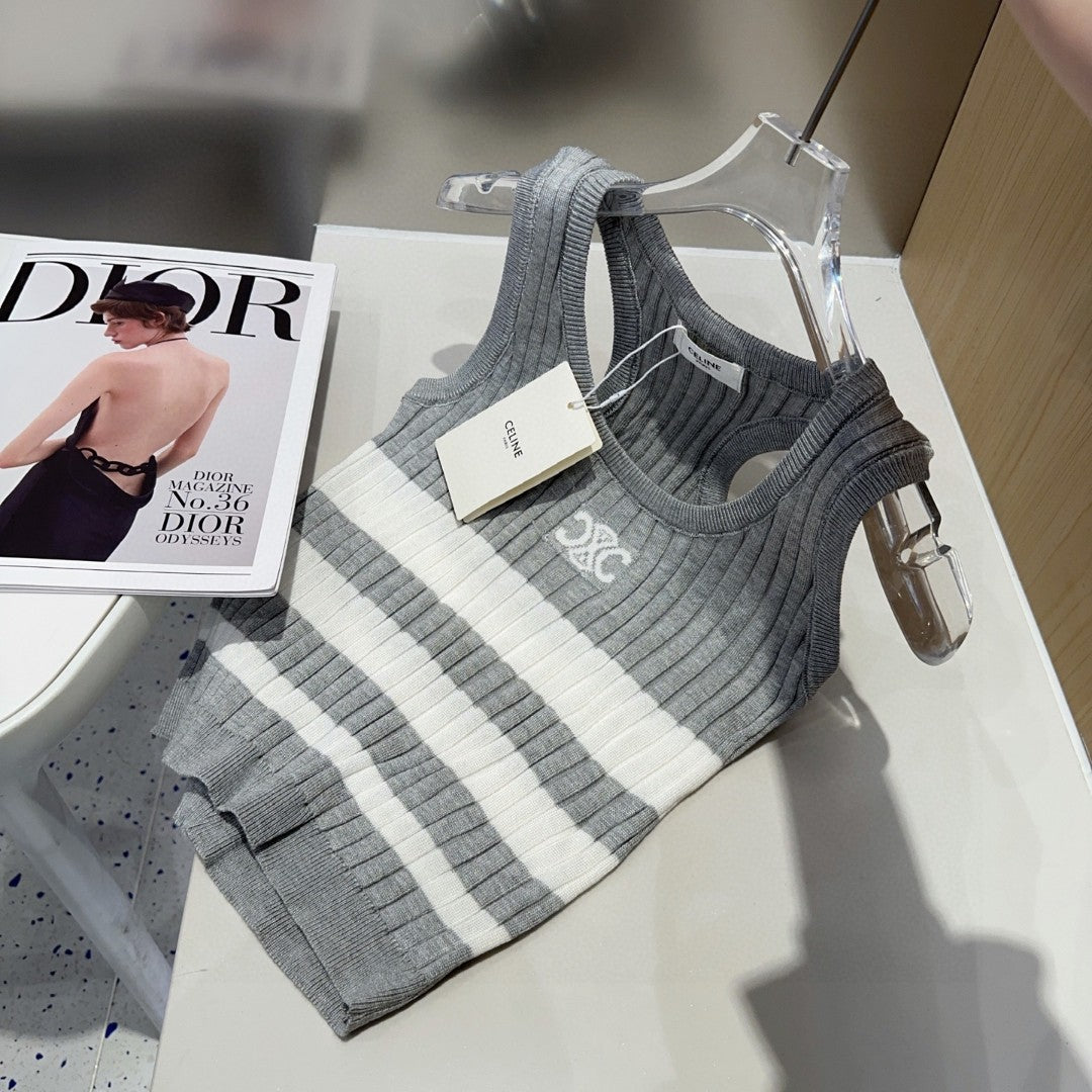 CELINE STRIPED TANK TOP 625958 IN GRAY AND WHITE COTTON RIBBED