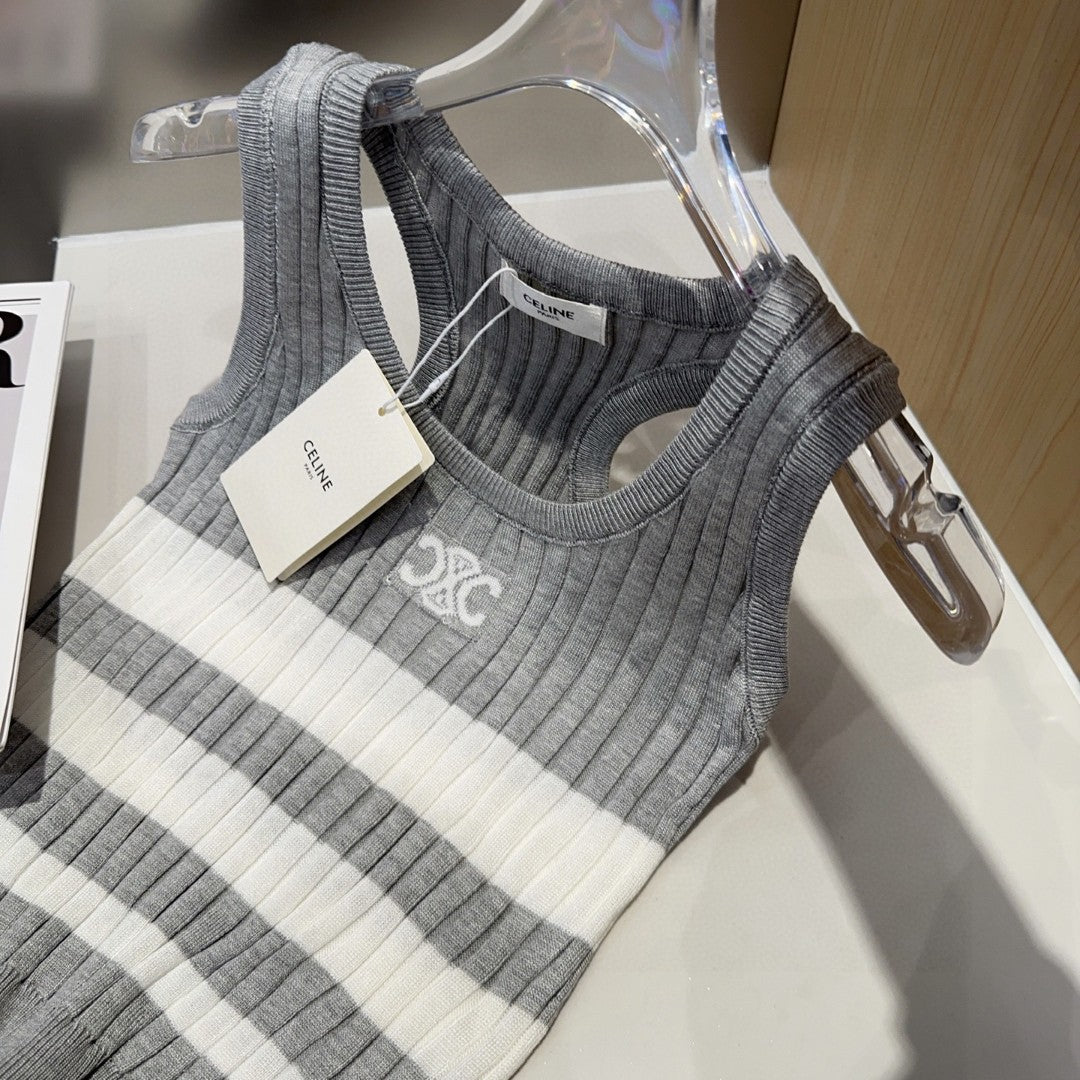 CELINE STRIPED TANK TOP 625958 IN GRAY AND WHITE COTTON RIBBED