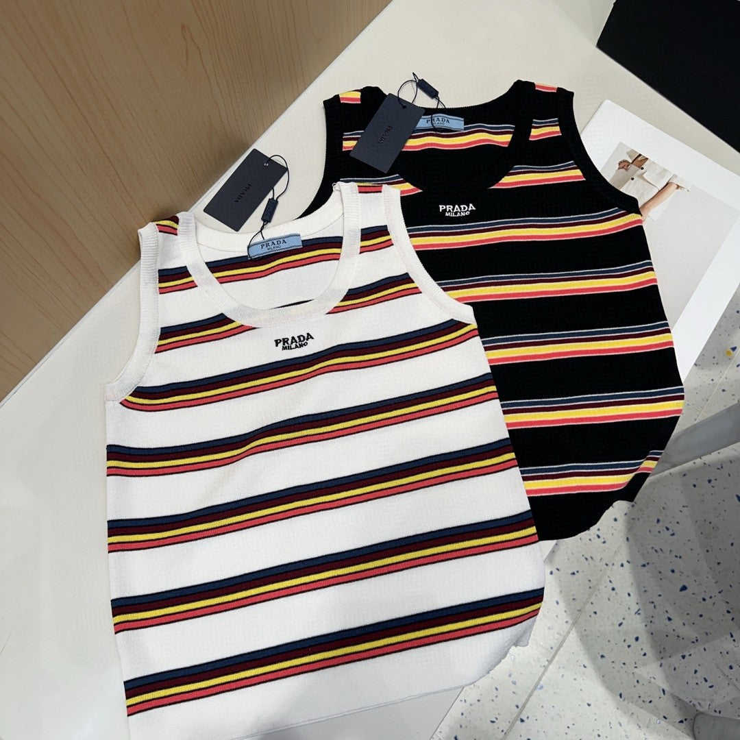 PRADA STRIPED TANK TOP 627701 IN BLACK MIX MULTICOLR COTTON RIBBED