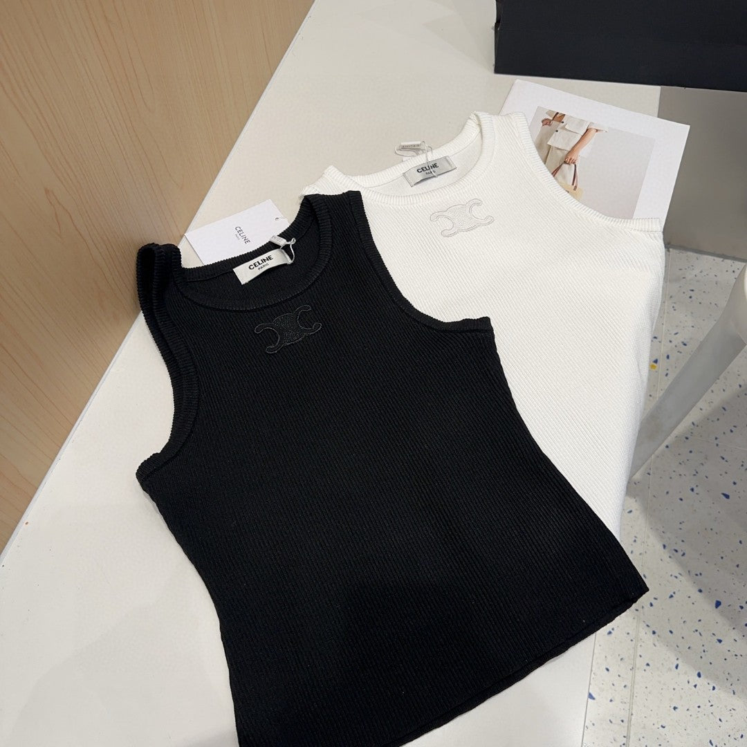 CELINE TANK TOP 633207 IN BLACK COTTON RIBBED KNIT EMBOSSED LOGO