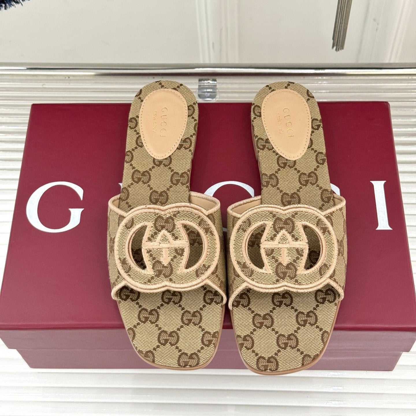 GUCCI SLIDE SANDALS IN DARK BEIGE FABRIC EMBOSSED LOGO STYLE 3