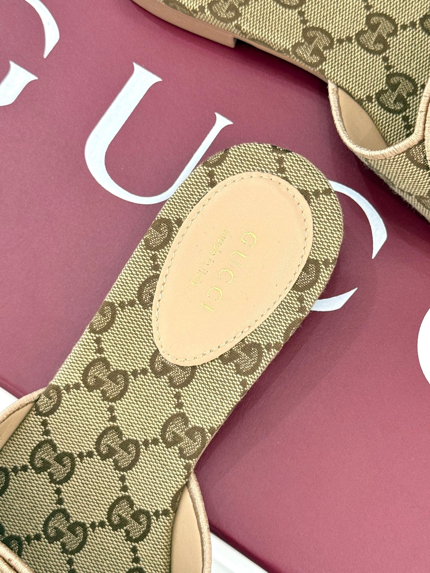 GUCCI SLIDE SANDALS IN DARK BEIGE FABRIC EMBOSSED LOGO STYLE 3