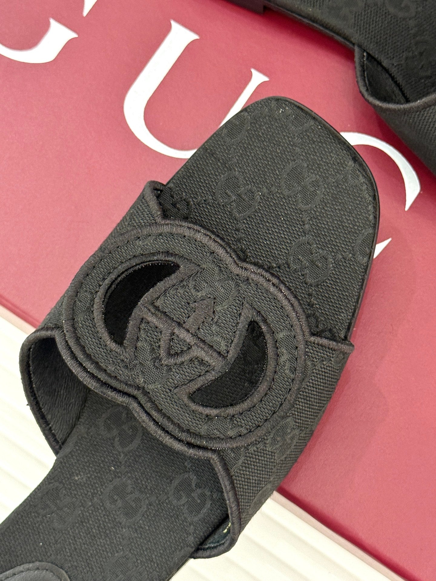 GUCCI SLIDE SANDALS IN BLACK FABRIC EMBOSSED LOGO STYLE 1