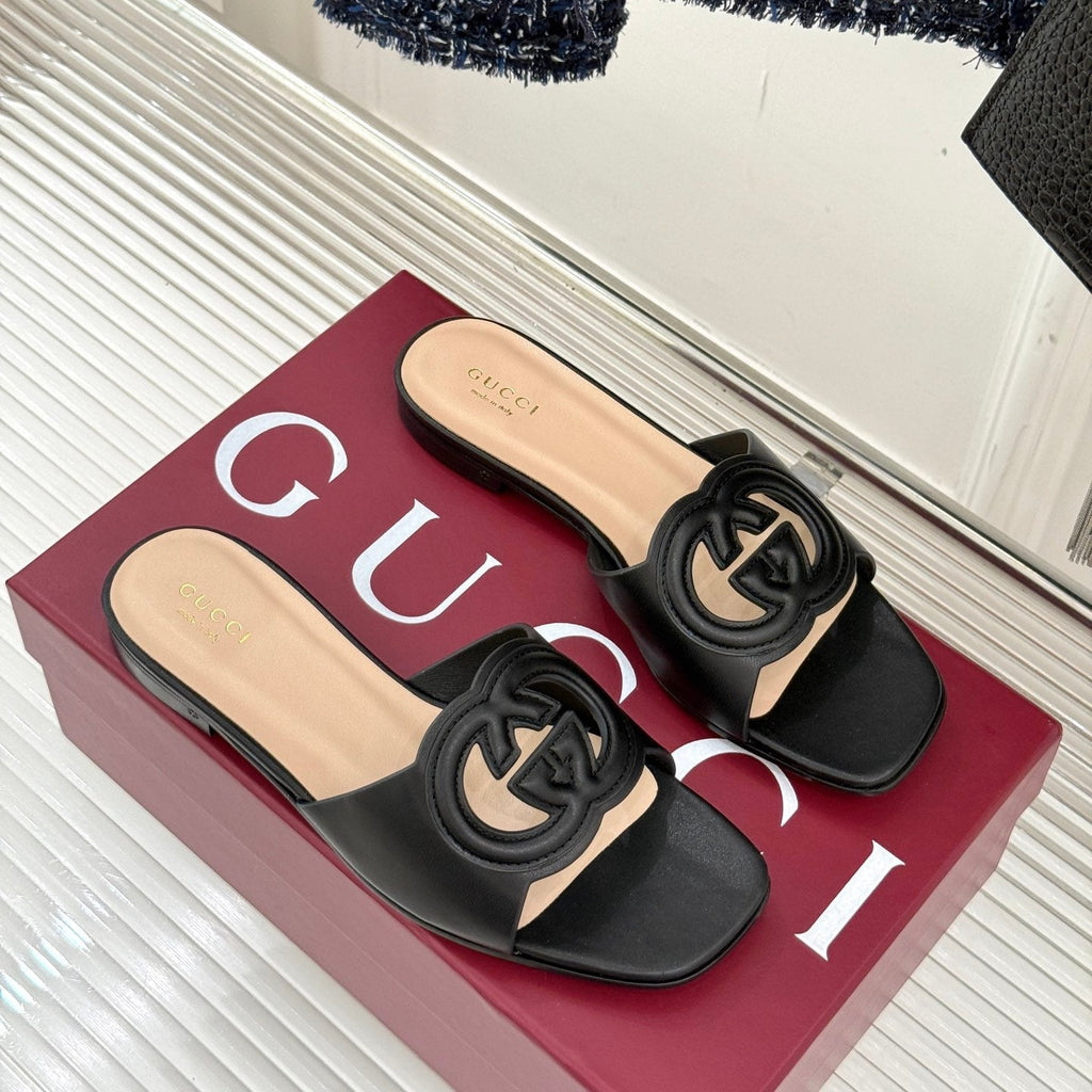 GUCCI SLIDE SANDALS IN BURNT BLACK CALFSKIN
