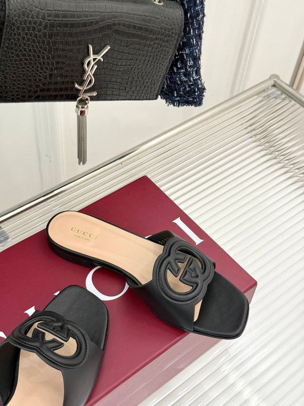 GUCCI SLIDE SANDALS IN BURNT BLACK CALFSKIN