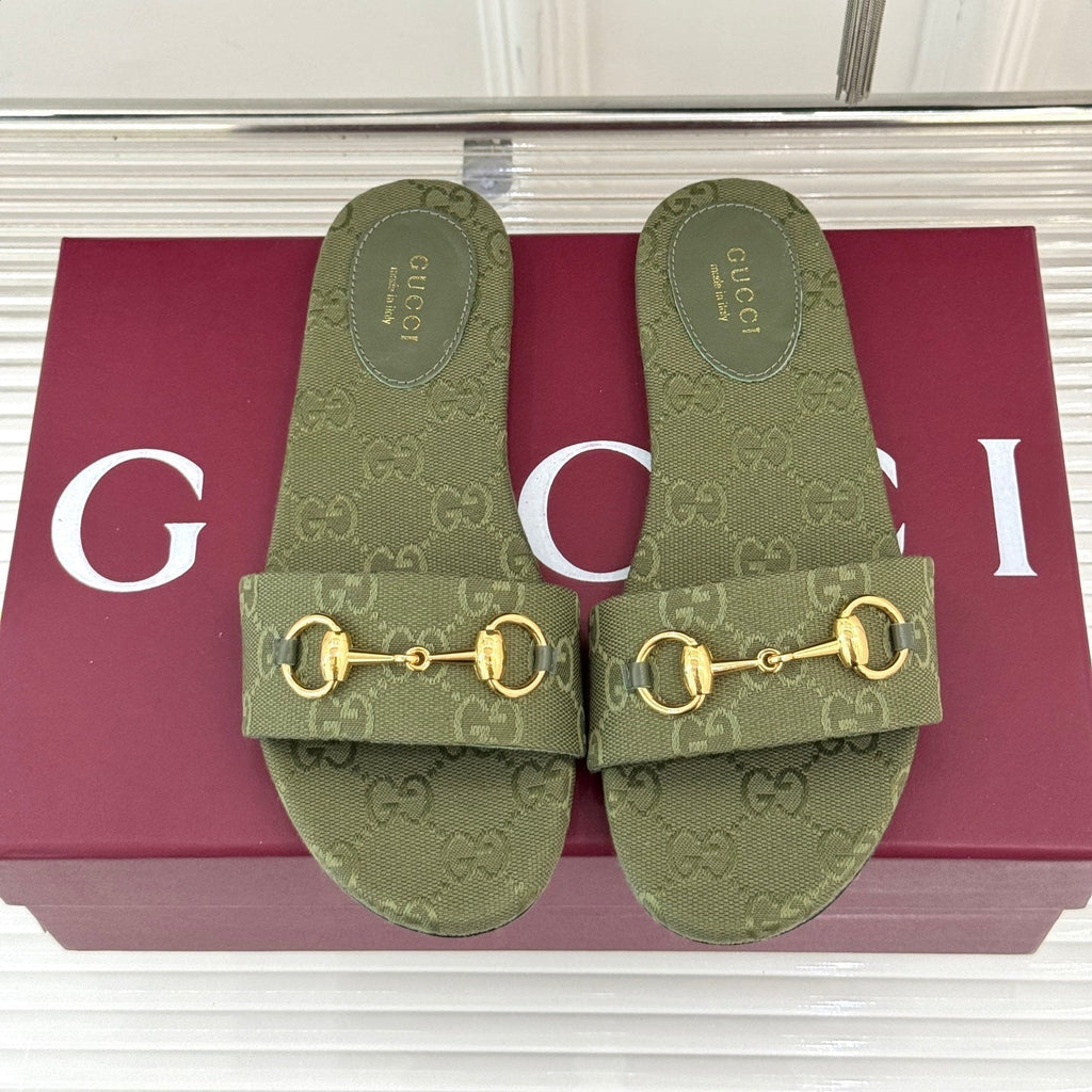 GUCCI SLIDE SANDALS IN MOSS GREEN FABRIC EMBOSSED LOGO
