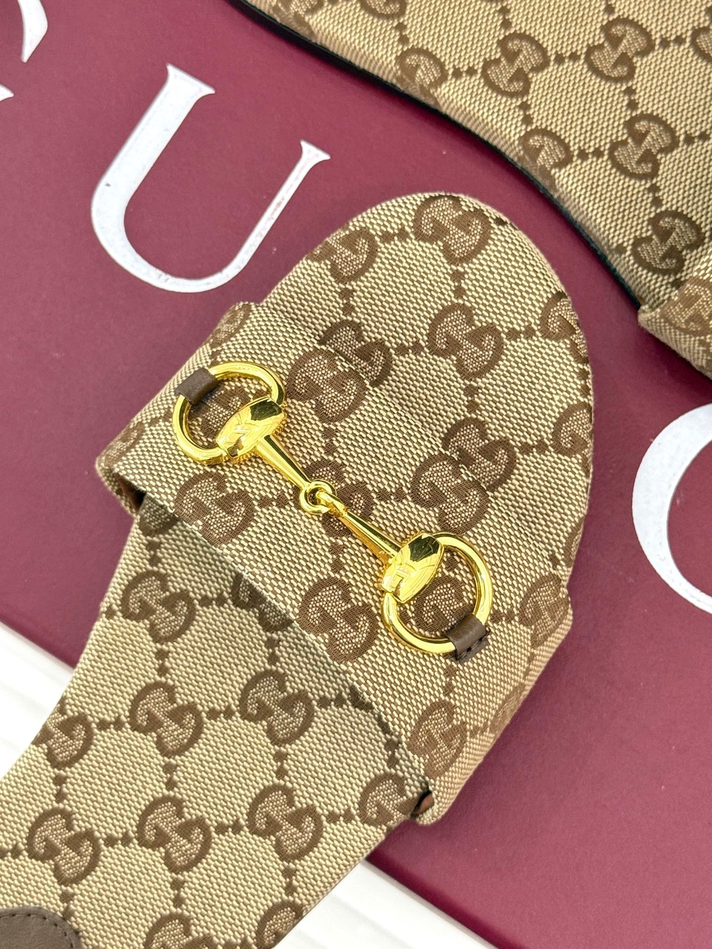 GUCCI SLIDE SANDALS IN DARK BEIGE FABRIC EMBOSSED LOGO