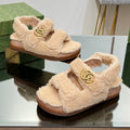 GUCCI DAD SANDALS IN TAN BEIGE FLEECE WITH GOLD HARDWARE