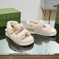 GUCCI DAD SANDALS IN WHITE FLEECE WITH GOLD HARDWARE