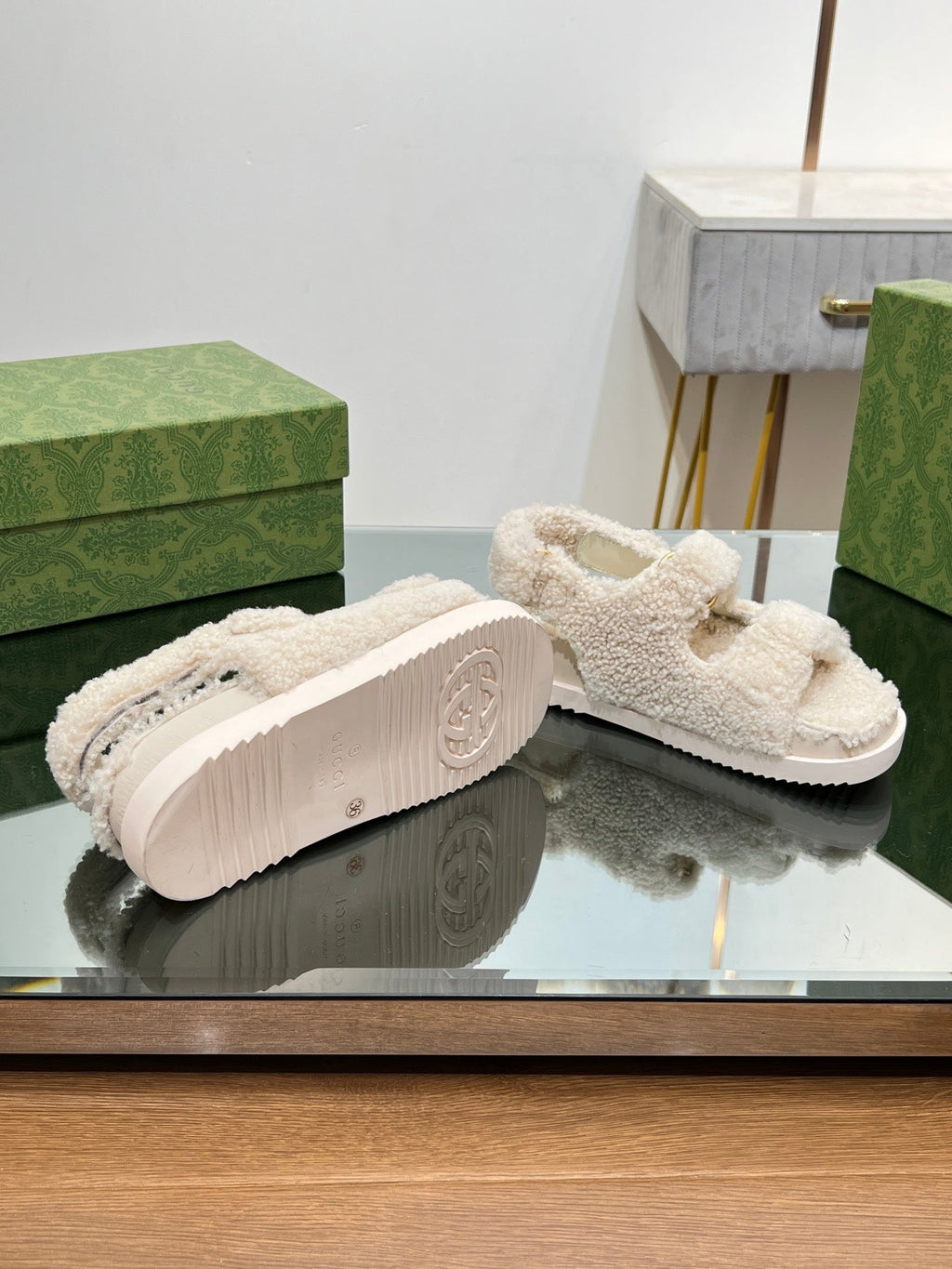 GUCCI DAD SANDALS IN WHITE FLEECE WITH GOLD HARDWARE