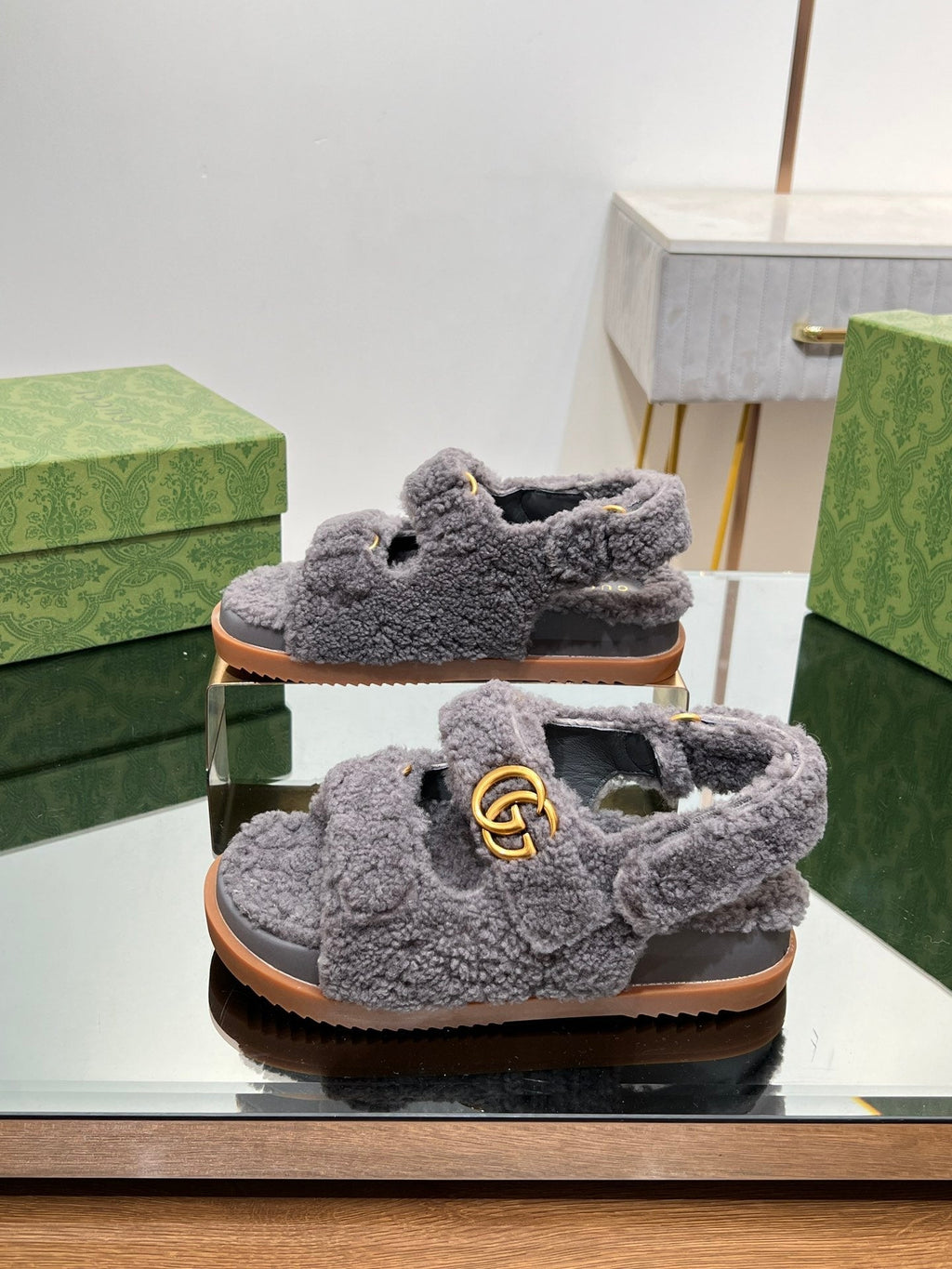 GUCCI DAD SANDALS IN DARK GRAY FLEECE WITH GOLD HARDWARE