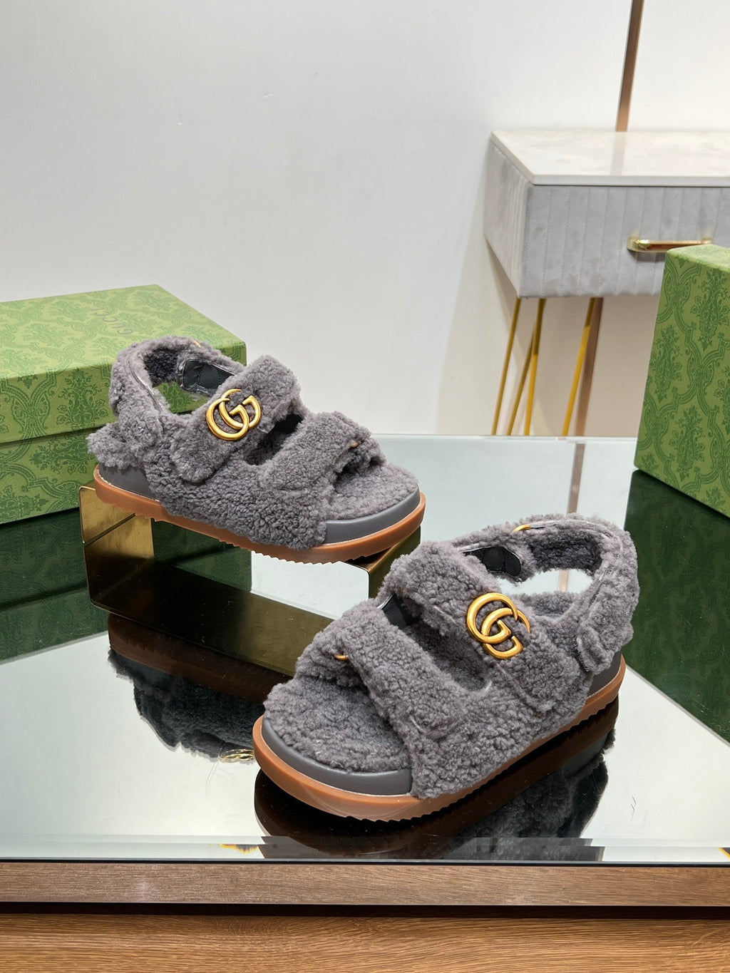GUCCI DAD SANDALS IN DARK GRAY FLEECE WITH GOLD HARDWARE