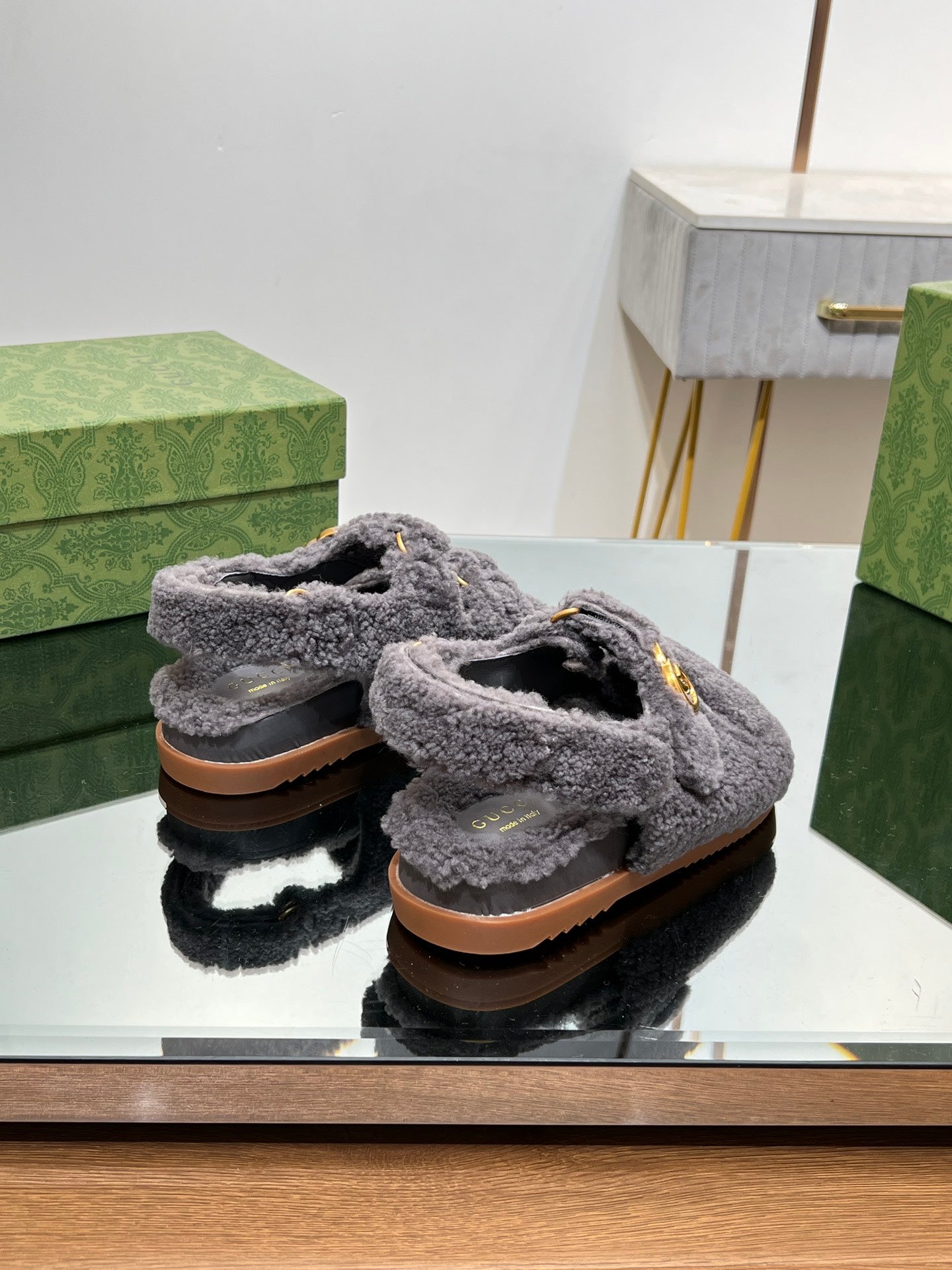 GUCCI DAD SANDALS IN DARK GRAY FLEECE WITH GOLD HARDWARE