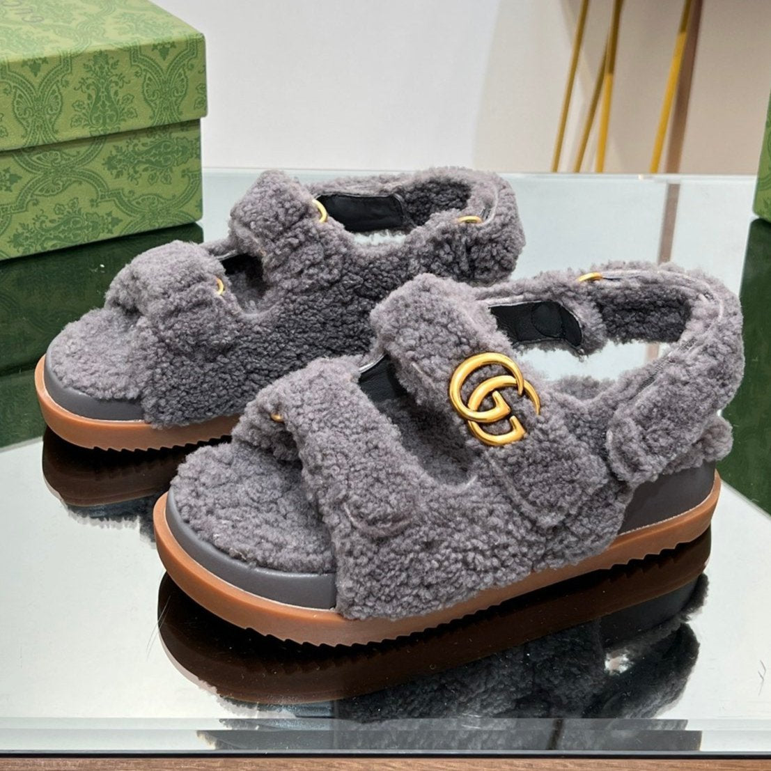 GUCCI DAD SANDALS IN DARK GRAY FLEECE WITH GOLD HARDWARE
