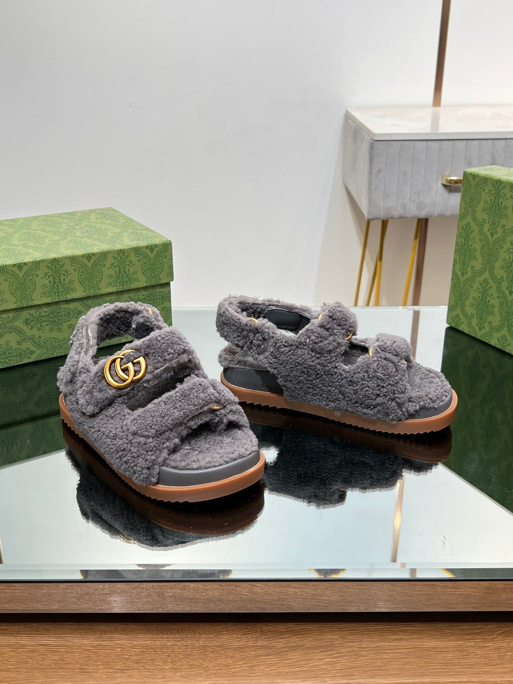 GUCCI DAD SANDALS IN DARK GRAY FLEECE WITH GOLD HARDWARE