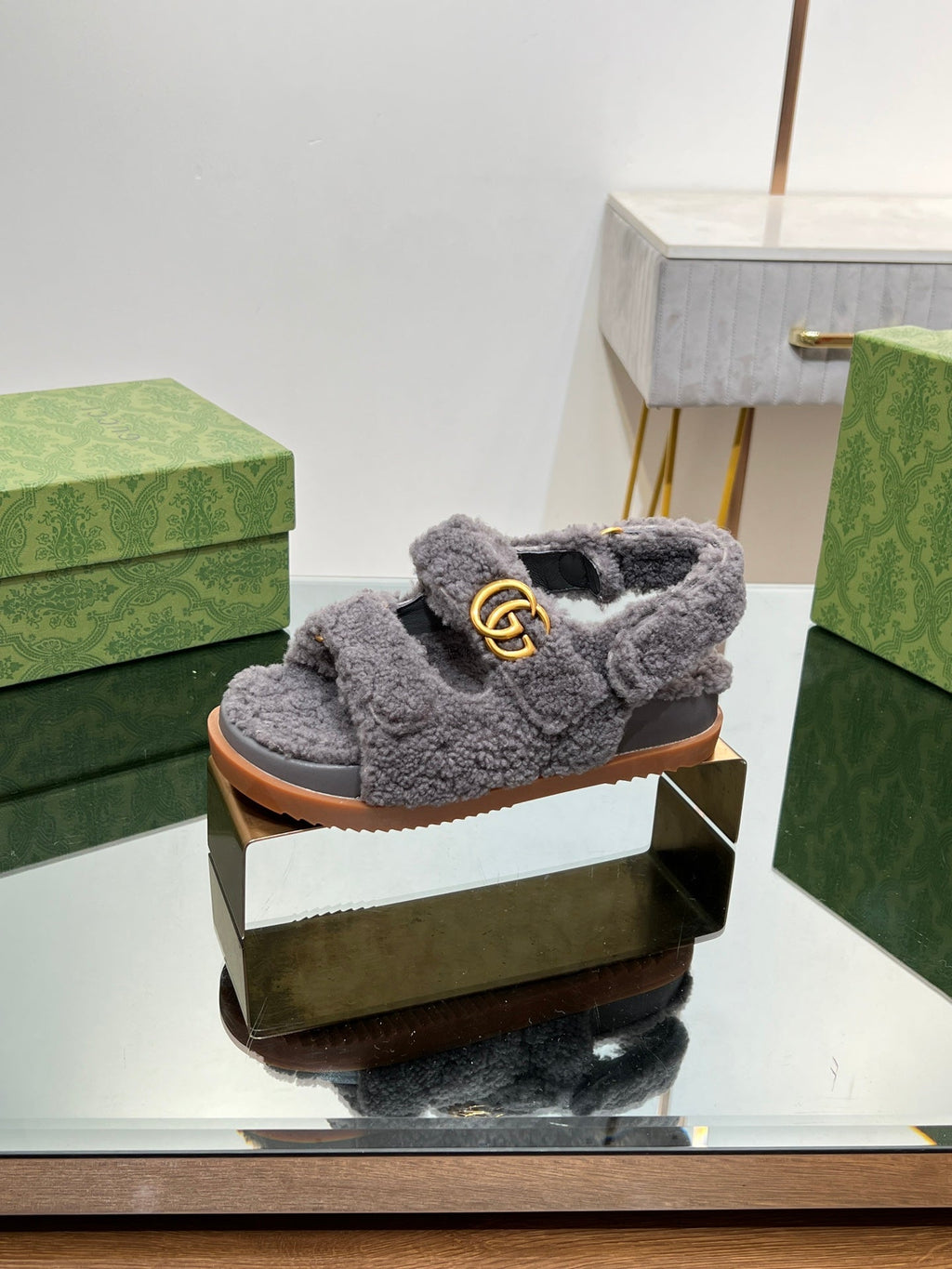 GUCCI DAD SANDALS IN DARK GRAY FLEECE WITH GOLD HARDWARE